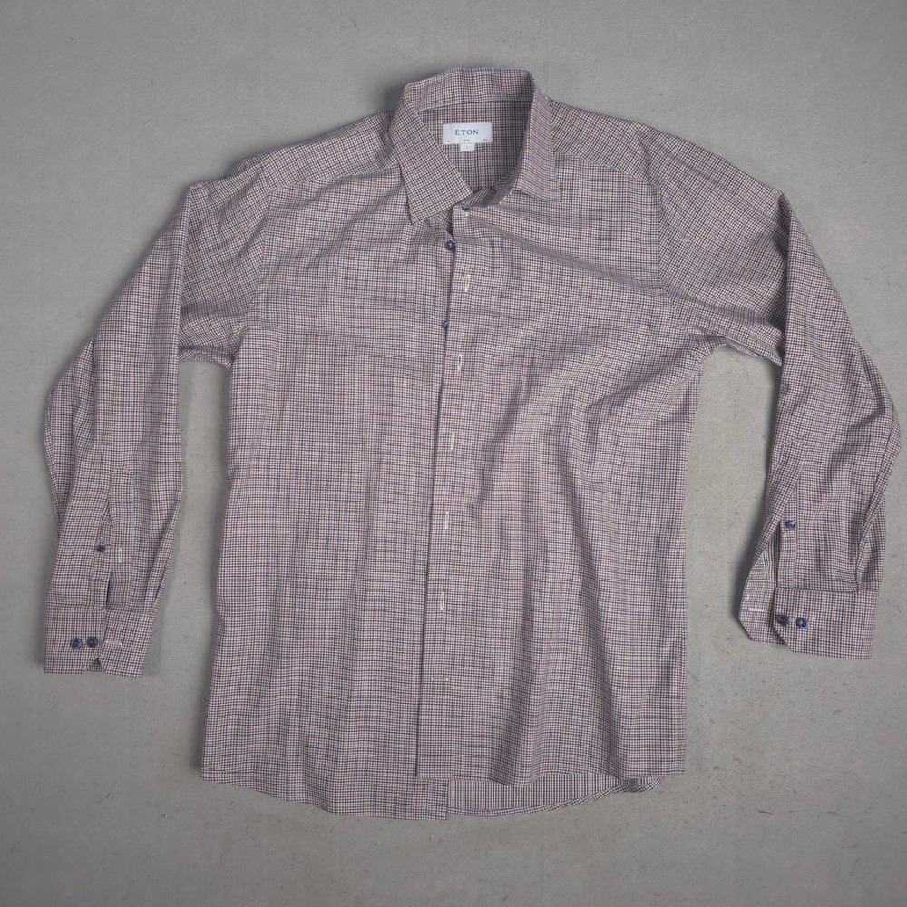 Eton Slim Fit Checkered Dress Shirt Mens Large 16 1/2 Long Sleeve Brown Blue‎